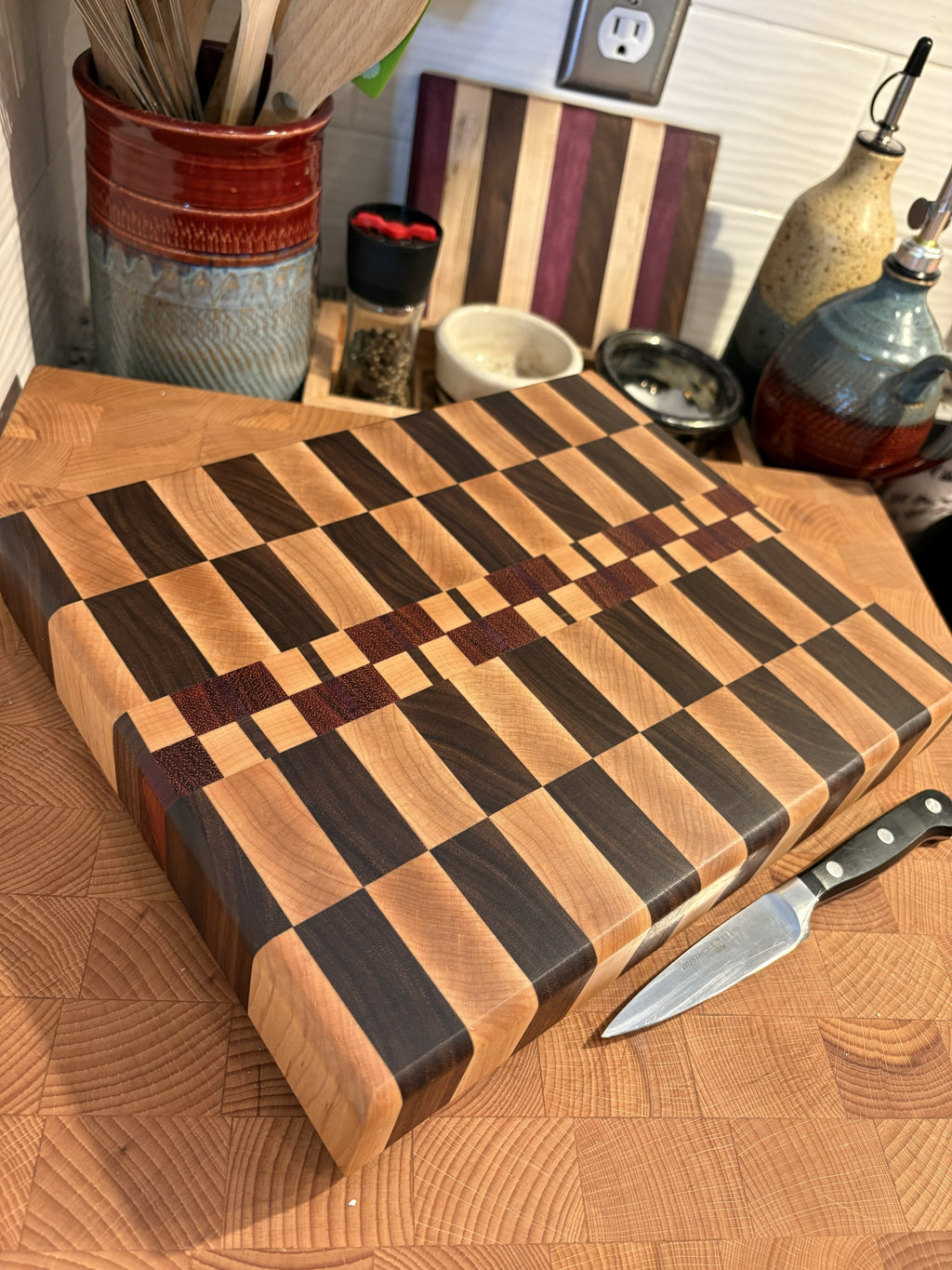Maple & Walnut with Inlay Checker Cutting Board (end grain)
