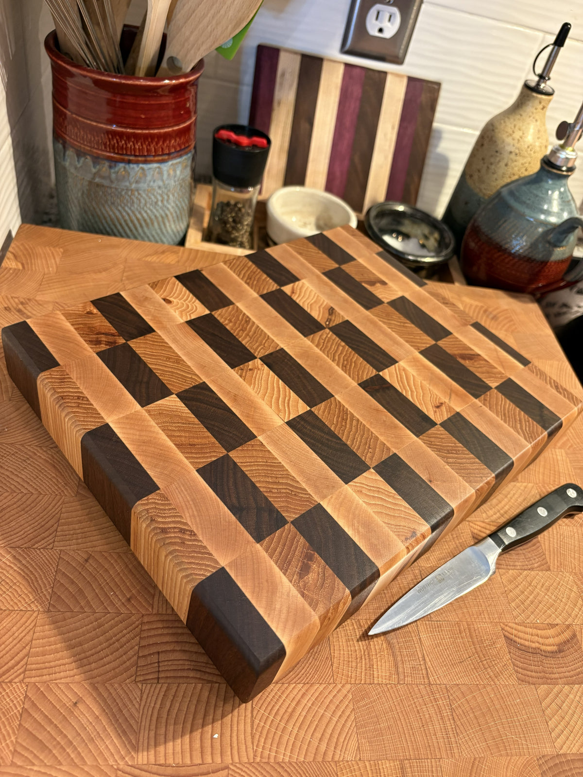 Walnut, Maple, & Hickory Checker Cutting Board (end grain)