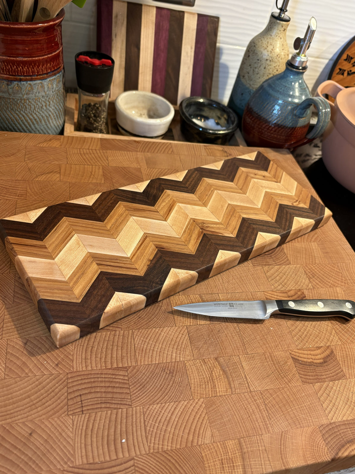 Hickory, Maple, & Walnut Chevron Charcuterie Board